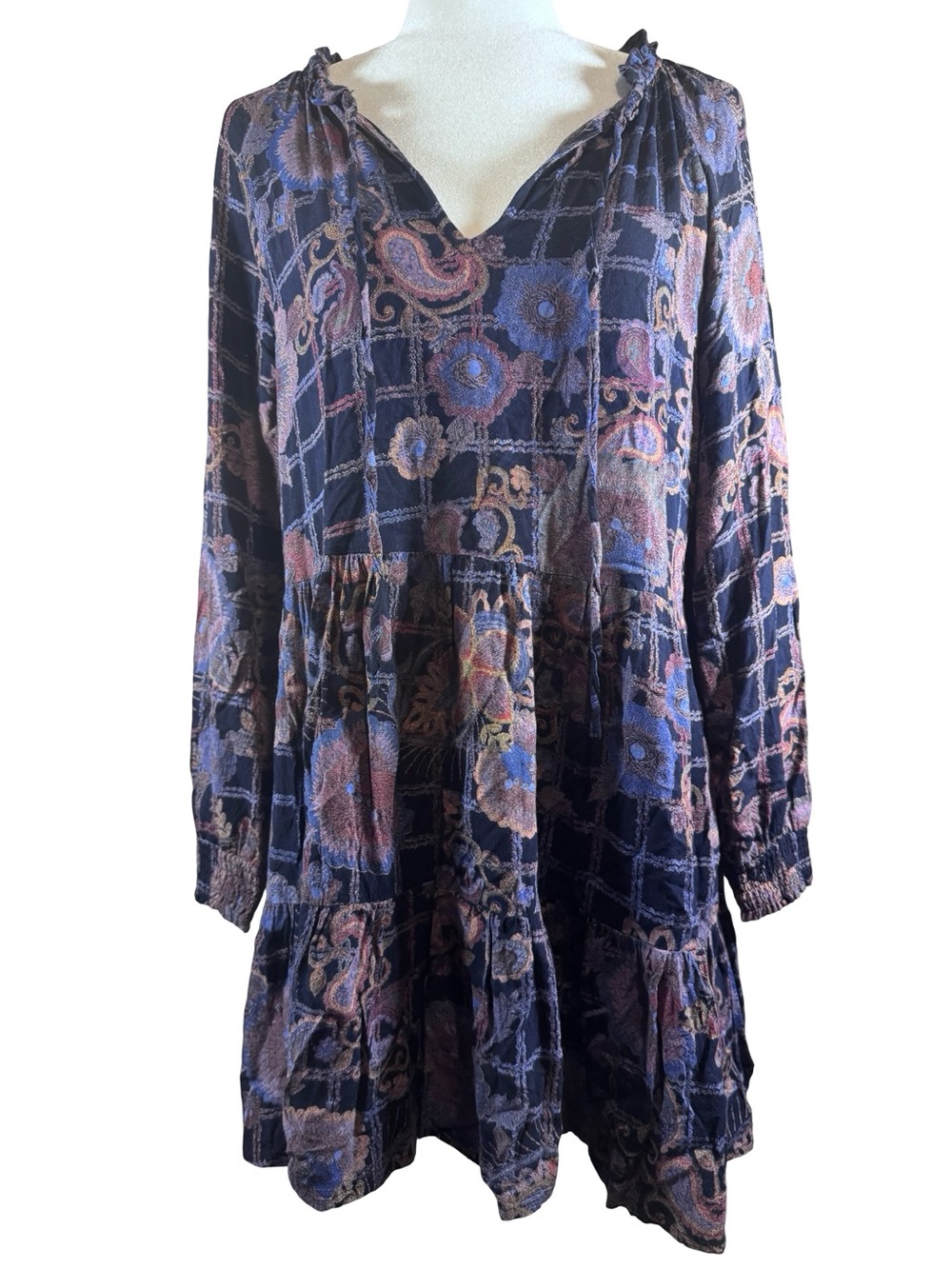 Sacred Threads Boho Tiered Mini Dress Black Paisley Floral S/M